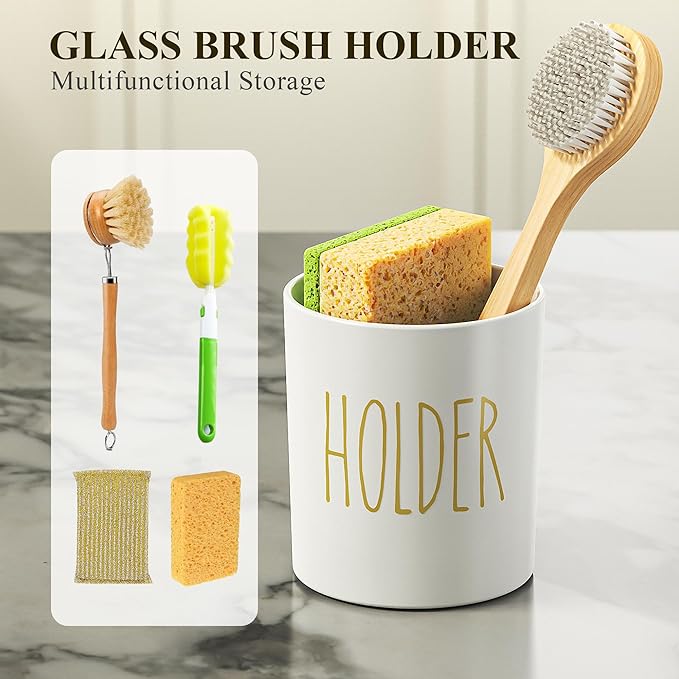 Cisily Gold Kitchen Soap Dispenser Set with Dish Brush Holder, Dish and Hand Soap Dispenser Set with Stainless Steel Pumps, Instant Dry Tray, Suitable for Kitchen Decor and Accessories(Gold&White)