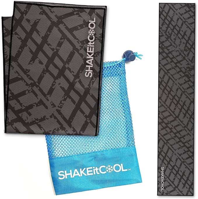 SHAKEitCOOL Original Cooling Towel – Be Cool in Style - Heat Relief, Soft, Lightweight, Sun Protection, Easy Clean - Perfect for Biking, Running, Yoga, Gym, Gardening - Black Tread