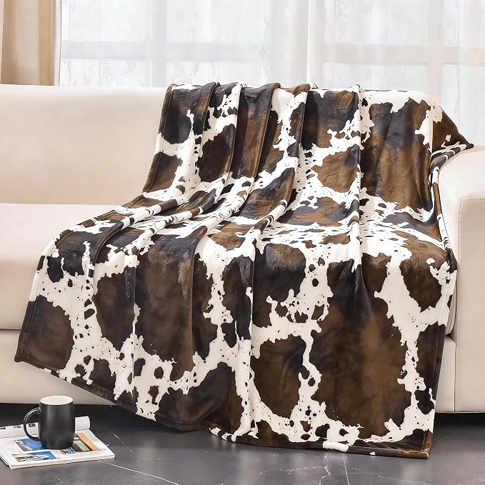 Bnuitland Brown Cow Print Flannel Throw Blanket (50x70 Inches), 300 GSM Double Sided Fuzzy Decor Blanket for Bed/Sofa/Couch/Lap, Super Soft Cozy Throw Gift for Adults and Kids