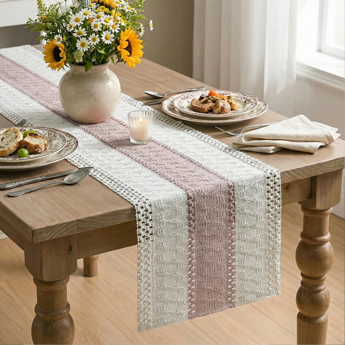 Artoid Mode Pink Farmhouse Rustic Table Runner, Seasonal Holiday Hollow Kitchen Dining Table Decoration for Home Party Decor 12x72 Inch