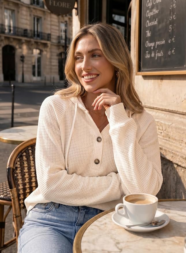 Dokotoo Hoodies for Women Waffle Knit Long Sleeve Drawstring Button V Neck Casual Sweatshirt Hooded Tops Fashion Clothing