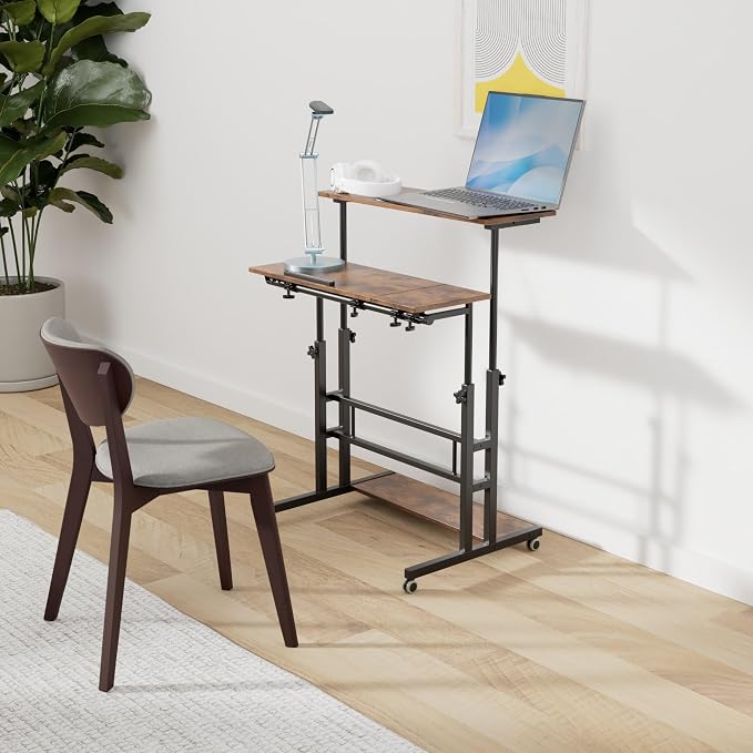 Hadulcet Mobile Standing Desk Adjustable Height, Rolling Desk Stand Up Desk, Mobile Laptop Desk, Rolling Computer Desk with Charging Station, Portable Desk with Wheels, Rustic Brown