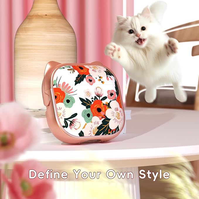for AirPods 4 Case with Cleaning Kit, Cute Cat Ear Print Design & Cute Buckle, Inverted Phone Holder Design, Top Safe Lock Buckle Design, for Girls AirPods 4 case 2024, Rose Gold Flower