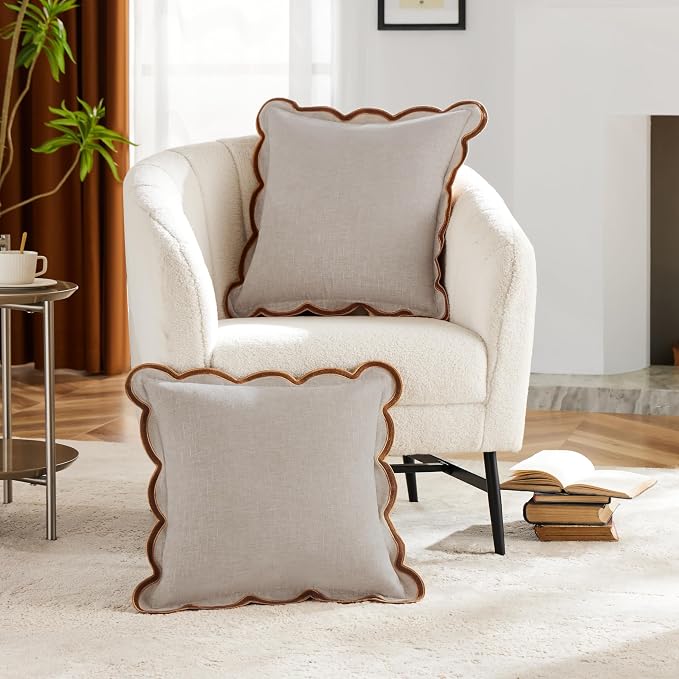 Ohocut Beige Scalloped Pillow Cover Pack of 2 Spring Chenille Decorative Throw Pillow Covers 18x18 Cute Boho Couch Pillow Covers Aesthetic Funky Preppy Pillow Cases for Sofa Living Room