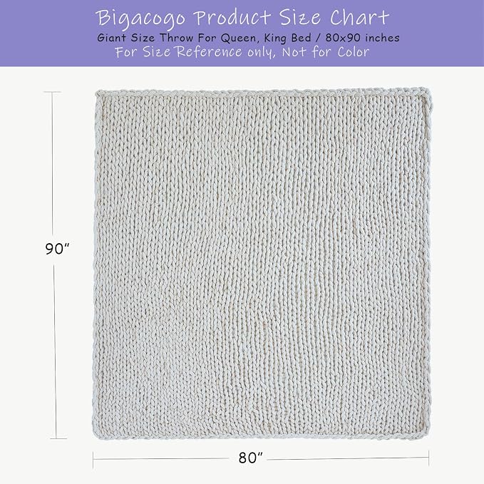 Bigacogo Chunky Knit Throw Blanket for Couch, 80x90 inches, Ivory | Hand Knit with Jumbo Chenille, Soft Breathable Cable Knit for Sofa Bed Living Room, Machine Washable, Gift for Mom Friend