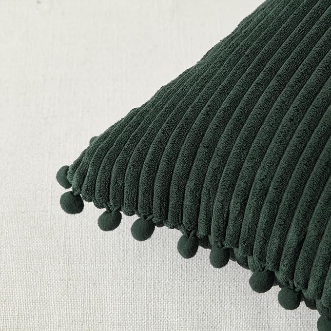 Fancy Homi 2 Pack Dark Green Lumbar Decorative Throw Pillow Covers 12x20 Inch with Pom-poms for Couch Bedroom Sofa, Soft Corduroy Solid Rectangle Cushion Case 30x50 cm, Farmhouse Boho Home Decor