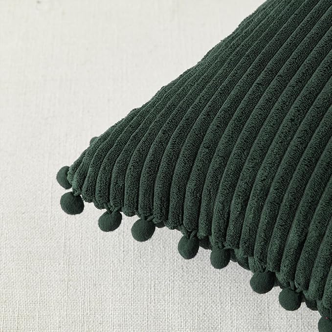 Fancy Homi Set of 2 Dark Green Boho Decorative Throw Pillow Covers 20x20 Inch with Pom-poms for Living Room Couch Bed Sofa Bedroom Indoors, Modern Farmhouse Boho Vintage Army Green Home Decor