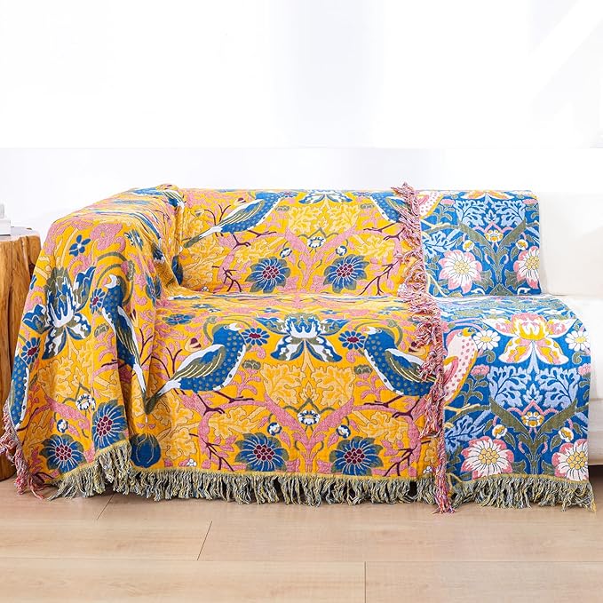 King Throw Blanket for Bed 100% Cotton Boho Oversized Soft Cozy Muslin Quilt Blanket Double Embroider Bird and Florals, Vintage Farmhouse Cottage Woven Blankets for Bedding Couch,90"×98"- Blue&Yellow