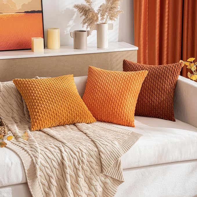 MIULEE Fall Decorative Throw Pillow Covers 20x20 Orange Textured Corduroy | Pack of 2 Striped Pillow Covers Modern Farmhouse Autumn Home Decor for Couch Bed Sofa Living Room