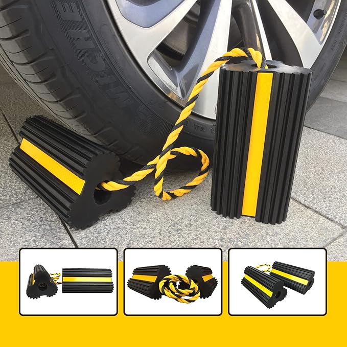 HOXWELL Heavy Duty Rubber Dual Wheel Chocks, RV Non Slip Wheel Stoppers with Nylon Rope Yellow Reflective Tape, Wheel Block for Travel Trailers, Aircraft, Car, Camper, Truck 1 Pair