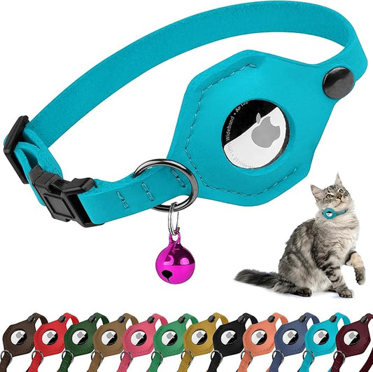 Breakaway Airtag Cat Collar with Removable Bell - Leather Pet Collar with Apple Air Tag Holder - Adjustable GPS Collars for Girl Boy Cats Kitten Puppy - Lightweight, Cute and Comfortable (Aquamarine)
