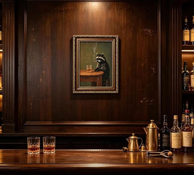 Vintage Gold Framed Smoking Raccoon Wall Art, Moody Dark Funny Animal Whiskey Cigar Canvas Print, Humor Funny Raccoon Wall Decor, Retro Bar Cart Poster Artwork, for Study Office Bar Decor, 12x16in
