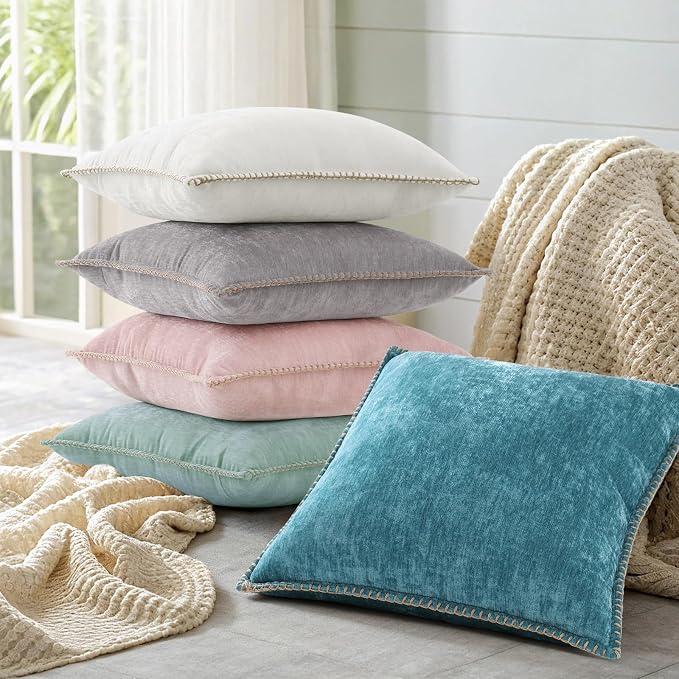 decorUhome Soft Chenille Throw Pillow Covers 12x20 Set of 2 Aqua Haze | Fall Textured Decorative Throw Pillow Cases Stitched Edge Modern Farmhouse Luxury Boho Velvet for Couch Sofa Bed Home Decor