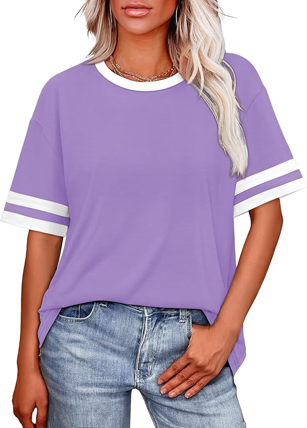 WIHOLL Womens T Shirts Loose Fit Short Sleeve Tees Crew Neck Color Block Summer Tops 2026 Fashion
