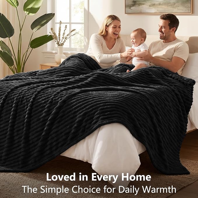 Black Blankets Queen Size for Bed, 90 x 90 Inch | 300GSM Ribbed Fleece Blanket, Soft, Cozy & Lightweight, OEKO-TEX Certified, All-Season for Bedrooms, Guest Rooms & Gifting