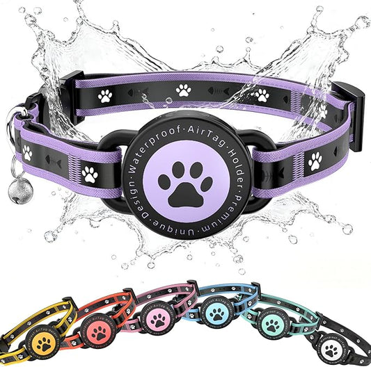 Airtag Cat Collar Breakaway, Reflective Cat Collar with AirTag Holder and Bell, Compatible with Apple Air Tag, Comfortable Padding, Adjustable, Durable (Purple, S)