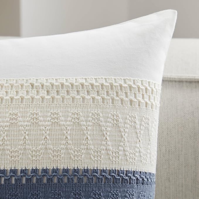 2pk Boho Pillow Covers 12x20, Natural White/Contrast/Blue | 100% Organic Cotton Body, Stripe Embroidery, Farmhouse Decorative Cushion Covers for Sofa Bed Living Room Home Decor