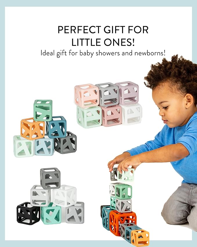 Malarkey Kids Stack N Chew - Mini Cubes Baby Chew Toy Monochrome - Develops Fine Motor Skills, Increases Grip Strength, Stimulates Hand-Eye Coordination (Earthy)