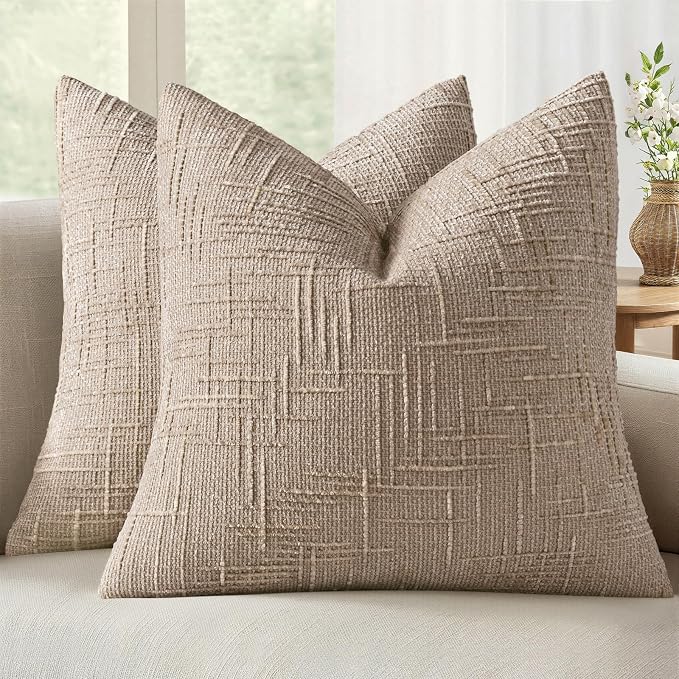 MIULEE Chenille Textured Throw Pillow Covers Oatmeal 18x18 Set of 2 | Slubby Decorative Pillows, Boho Farmhouse Home Decor, Modern Neutral Cushion Covers for Couch Sofa Bed Living Room