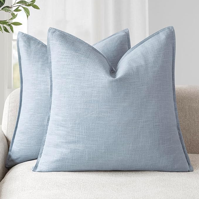 Foindtower Pack of 2, Decorative Linen Solid Throw Pillow Covers Soft Accent Euro Cushion Case Boho Farmhouse Pillowcase for Chair Couch Sofa Bedroom Living Room Home Decor 18 x 18 Inch Sky Blue