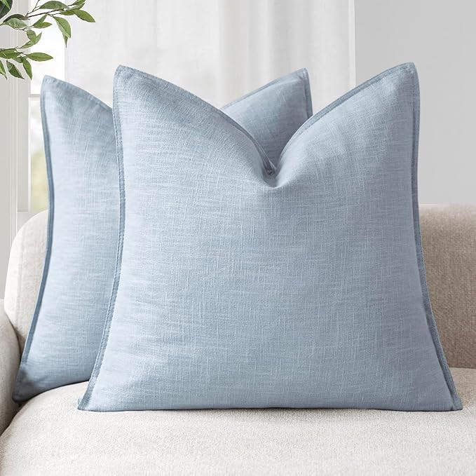 Foindtower Pack of 2, Decorative Linen Solid Throw Pillow Covers Soft Accent Euro Cushion Case Boho Farmhouse Pillowcase for Chair Couch Sofa Bedroom Living Room Home Decor 16 x 16 Inch Sky Blue