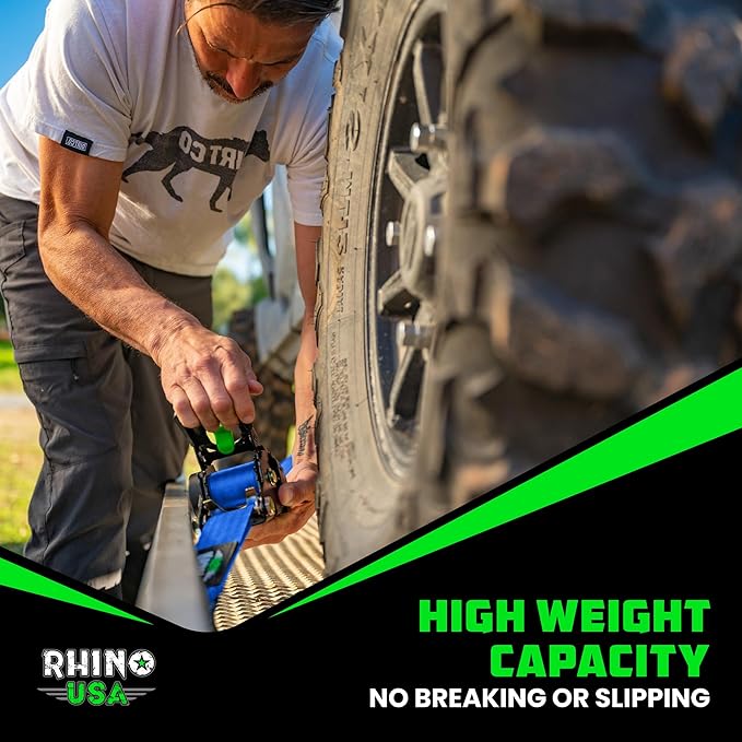 Rhino USA Retractable Ratchet Straps (2-Pack) - 2 Inch x 10 Feet (3,033lb Break Strength) - Heavy Duty Auto Self Retracting Tie Down Straps for Truck, Cargo Trailer, Motorcycle, Rad & More - Blue