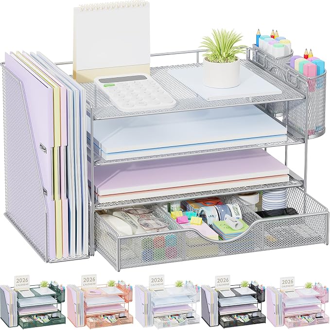 gianotter Desk Organizers and Accessories with File Holder, 4-Tier Desk Accessories & Workspace Organizers with Drawer and 2 Pen Holder, Paper Organizer for Office Supplies (Grey)