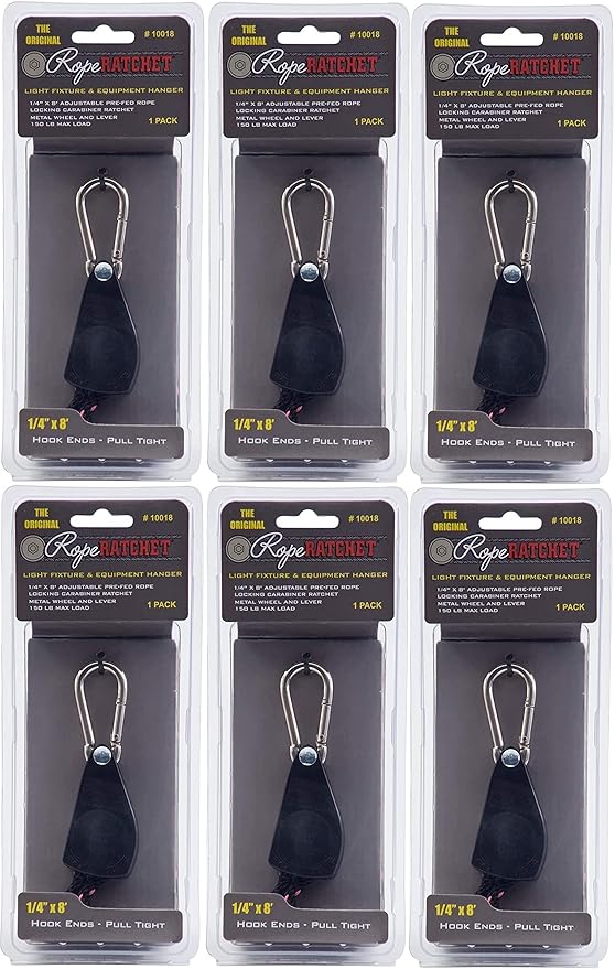 Rope Ratchet 1/4" Metal Rope Tie Down with Adjustable 8' Solid Braided Polypropylene Rope, Heavy Duty Cable Holds Up to 110 lbs Weight Capacity