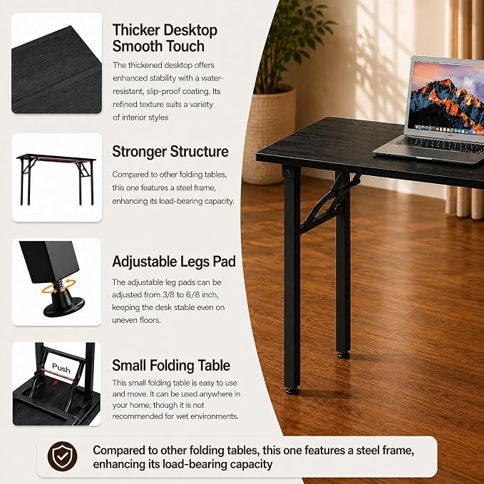 Folding Table Computer Desk - 43.3" No Assembly Folding Desk Design and Foldable Office Desk, Small Desk for Bedroom, Compact Storage Portable Use for Dorm and RV Small Space, Dark Oak