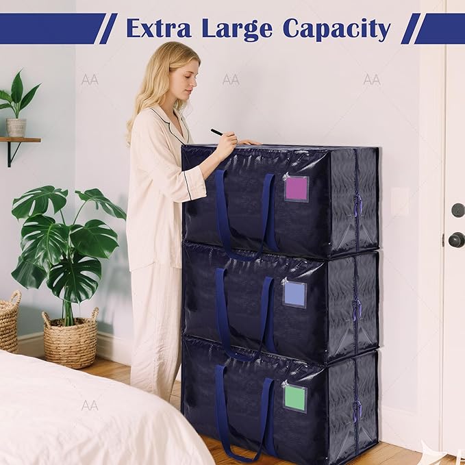 6 Pack Extra Large Heavy Duty Moving Bags with Reinforced Zipper & Wide Handles, Moisture-Resistant Storage Bins Packing Cubes for Clothes, College Dorm, Travel, and Home Organization, Dark Blue
