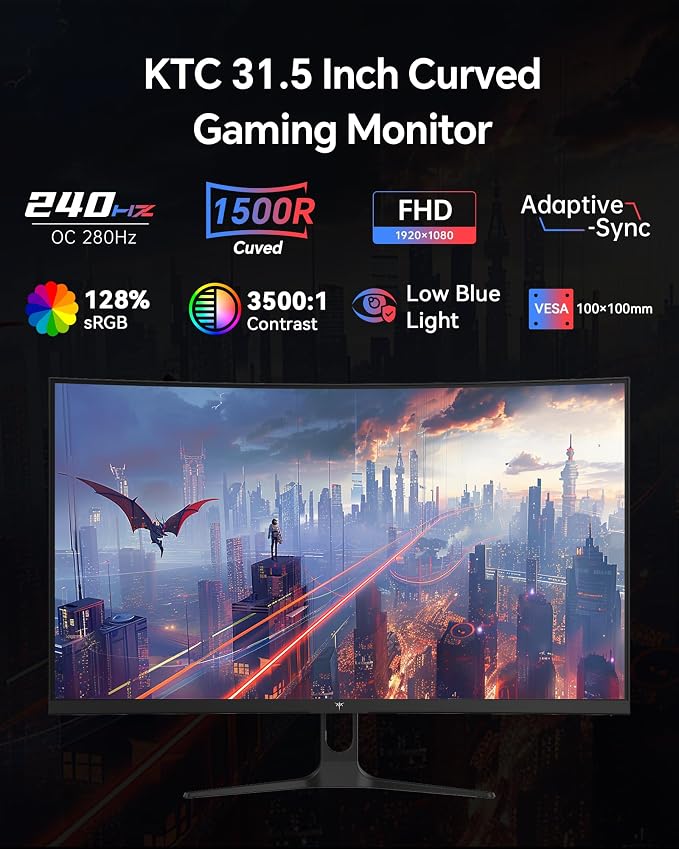 KTC 32 Inch Curved 240Hz Gaming Monitor, 280Hz PC Computer Monitors 1080P FHD, 1500R Curve, 1MS MPRT, Adaptive Sync, 128% sRGB, 3500:1, HDR Low Blue Light, Tiltable VESA Mount, H32C5