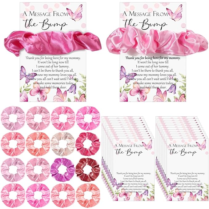 Yinkin 50 Sets Butterfly Baby Shower Favors for Girl, Include Pink Hair Ties Pink Scrunchies Butterfly Thank You Cards a Message from the Bump Baby Shower Sign Souvenirs for Guests
