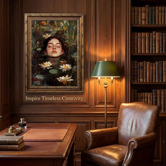 Vintage Gold Framed Gothic Wall Art, Ophelia Inspired Woman Portrait Print | Dark Academia Romantic Victorian Oil Painting Canvas Print Picture Wall Decor for Living Room Bedroom Office, 12x16 Inch