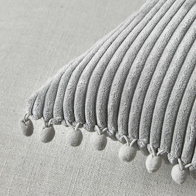 Fancy Homi 2 Packs Neutral Grey Decorative Throw Pillow Covers 16x16 Inch with Pom-poms for Couch Bed Sofa, Aesthetic Modern Organic Farmhouse Boho Home Decor, Soft Corduroy Cute Accent Cushion Case