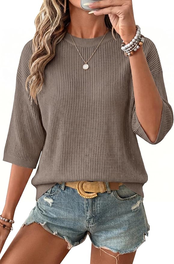 Arach&Cloz Womens Summer 100% Cotton Oversized Crochet Tops 3/4 Length Sleeve Sweater Hollow Out Casual Blouses 2026
