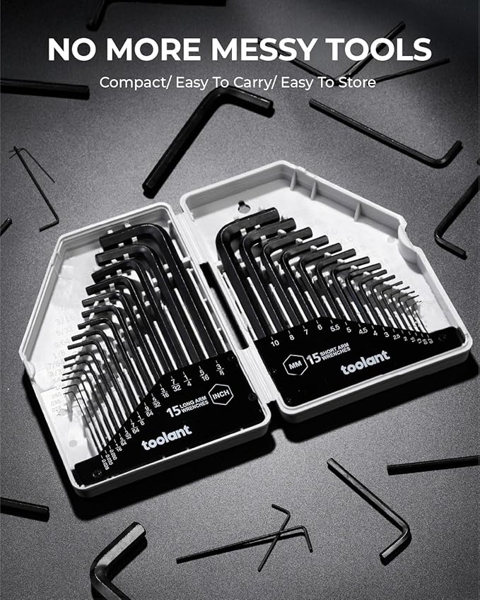toolant 30-Piece Hex Key Wrench Set, Allen Wrench Set, Metric and SAE Allen Keys, 0.7-10 mm & 0.028-3/8 inch, L-Shaped Hex Key Wrench, Heat-Treated Chrome Vanadium Steel, with Organization.