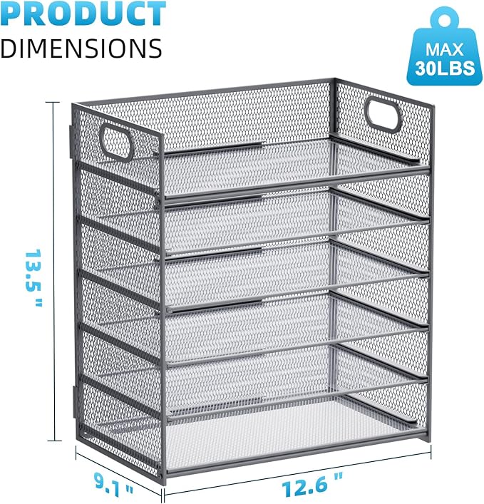 Marbrasse 6 Tier Paper Organizer Letter Tray - Mesh Desk File Organizer with Handle, Paper Sorter for Letter/A4 Office File Folder Holder - Grey