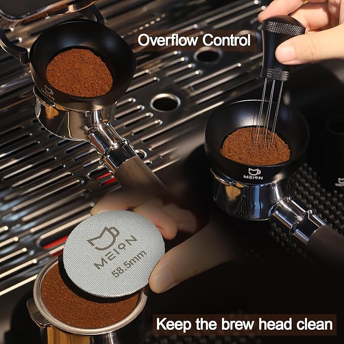 MEION Espresso Dosing Funnel and Puck Screen Set, Magnetic Coffee Funnel, Reusable Espresso Puck Screen, Espresso Tools Espresso Accessories (Black, 58mm)