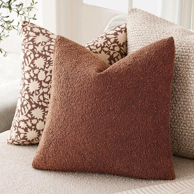 Foindtower Pack of 2 Textured Boucle Throw Pillow Covers Accent Solid Pillow Cases Cozy Soft Decorative Couch Cushion Case for Chair Sofa Bedroom Living Room Home Decor 18x18 Inch Red Taupe