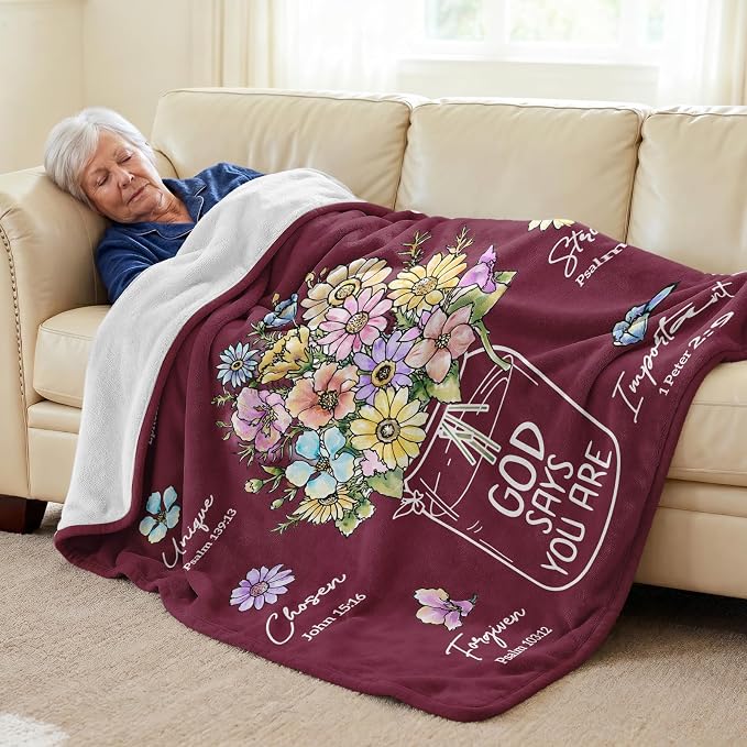 Christian Birthday Gifts for Women, Burgundy Christian Blanket with Flowers | Birthday Gifts for Women, Baptism Religious Christmas Spiritual Gifts for Grandma Mom Daughter, Wine Red Blankets 60''x 50''