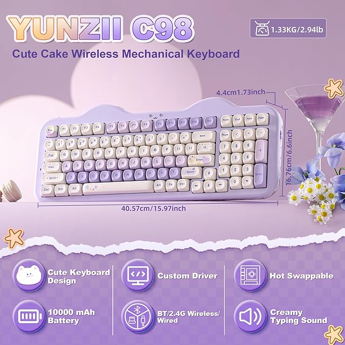 YUNZII C98 Cute Cake Wireless Mechanical Keyboard(Purple, Milk Switch) | 99 Keys with Number Pad, Hot Swap, PBT MOA Keycaps, BT5.0/2.4G/USB-C, Gasket Mount, Custom RGB Backlit for Win/Mac
