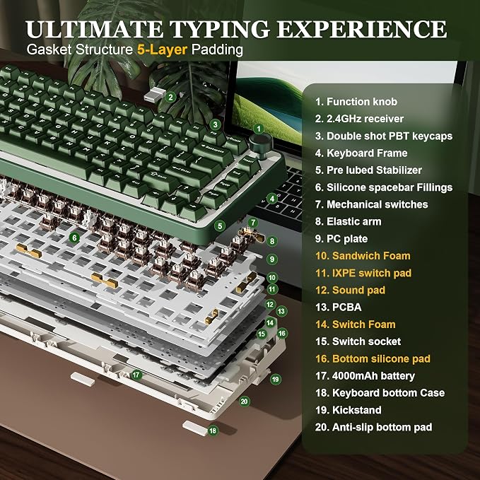 YUNZII B75 PRO 75% Wireless Mechanical Keyboard (Olive Green,CocoaV2) | Hot Swap Keyboard with Knob, Gasket Mount, Creamy Pre-lubed Switch for Smooth Typing, BT/USB-C/2.4G, for Gaming