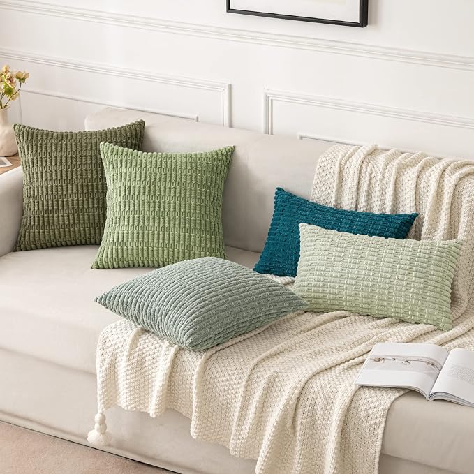 MIULEE Pack of 2 Spring Corduroy Decorative Throw Pillow Covers 18x18 Inch Soft Boho Striped Pillow Covers Modern Farmhouse Home Decor for Summer Sofa Living Room Couch Bed Greyish Green