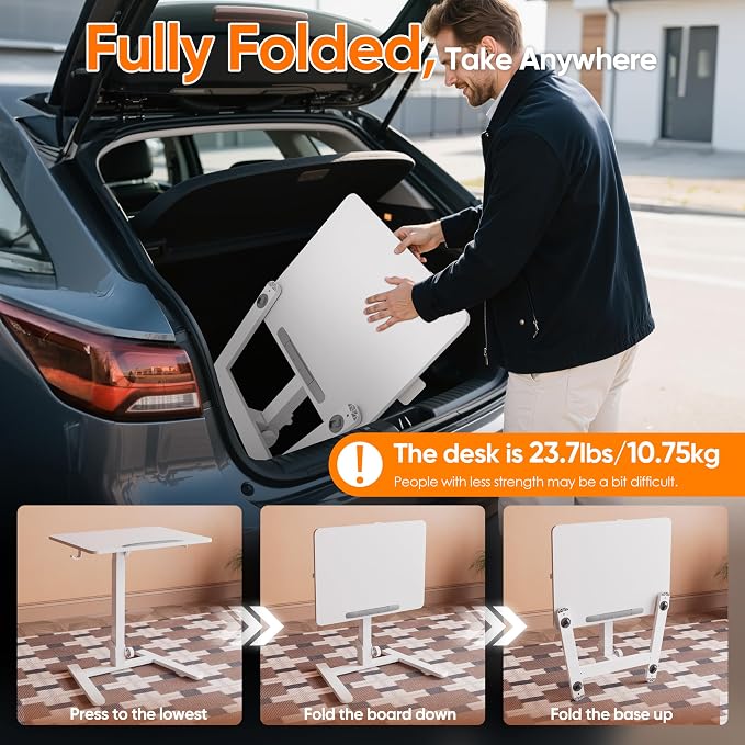 Monomi 25“ Mobile Folding Desk,Pneumatic Sit-Stand Table,No Assembly,White | Height Adjustable Rolling Laptop Desk,Space-Saving Portable Small Desk with Wheels,Ideal for Home Office,Craft & Study