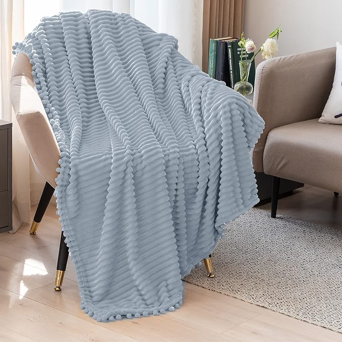 DISSA Fleece Blanket Throw Size – 51x63, Grey – Soft, Plush, Fluffy, Fuzzy, Warm, Cozy – Perfect Throw for Couch, Bed, Sofa - with Pompom Fringe - Flannel Blanket Throw Blanket