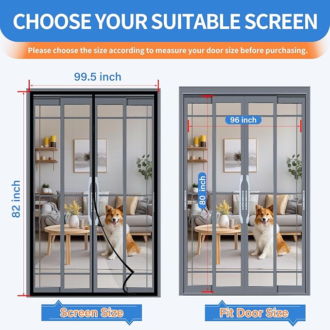Upgraded PET Mesh Magnetic Screen Door, Stronger Than Fiberglass and Polyester, Hands Free, Keep Bugs Out, Pet & Kid Friendly, Suitable for Sliding and Patio Doors - 96" X 80"