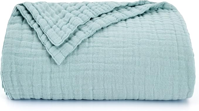 Love's cabin 100% Cotton Muslin Blanket, 6 Layer Lightweight Breathable Gauze Large Throw Blanket 50 x 70 Inches, Soft Cooling All Season Blanket for Couch or Sofa, Cyan