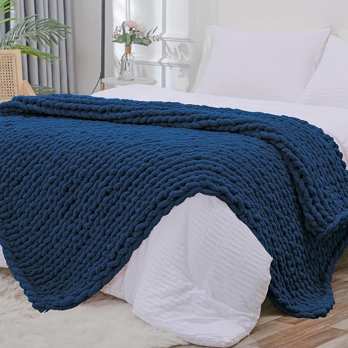 Bigacogo Chunky Knit Throw Blanket for Couch, 40x80 inches, Navy Blue | Hand Knit with Jumbo Chenille, Soft Breathable Cable Knit for Sofa Bed Living Room, Machine Washable, Gift for Mom Friend