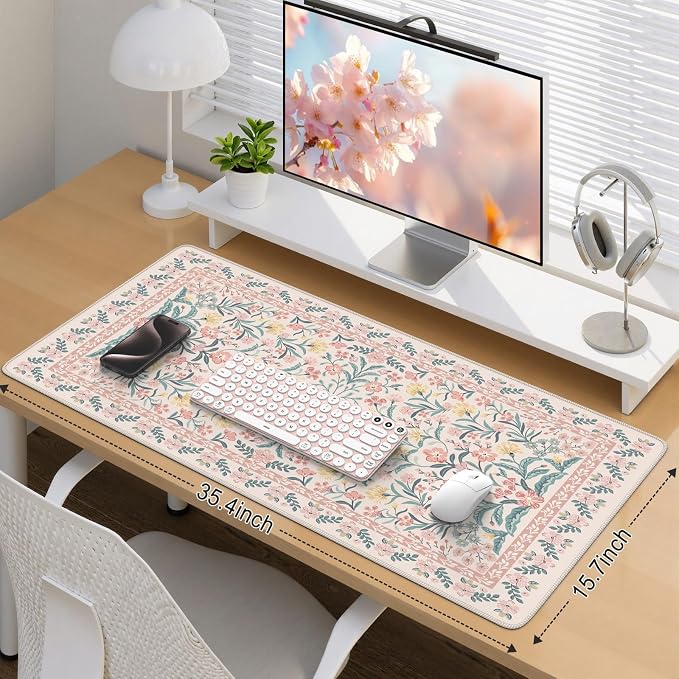 iCasso Desk Mat,Mouse Pad for Office Desk,35.4x15.7in,Pink Floral | Desk Pad for Women Home Office Decor Supplies, Desk Accessories, Non-Slip Mousepad with Stitched Edge, Smooth Water-Resistant