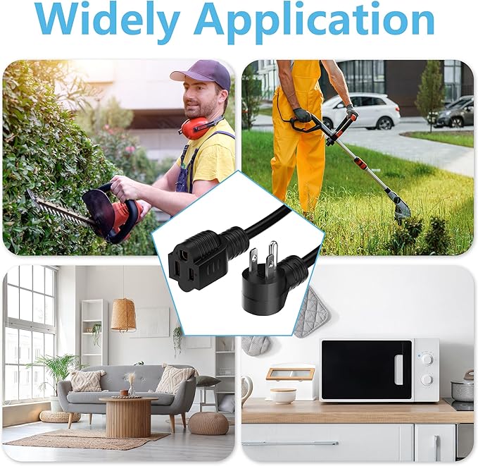Extension Cord 15 FT, 3 Prong Extension Power Cord, 90 Degree Right Angle Plug Design, 16/3 Gauge Flexible Cold, 13A 1625W 16AWG, Save Space 3 Prong Electric Cord, ETL, Black Cable with 25 Cable Ties